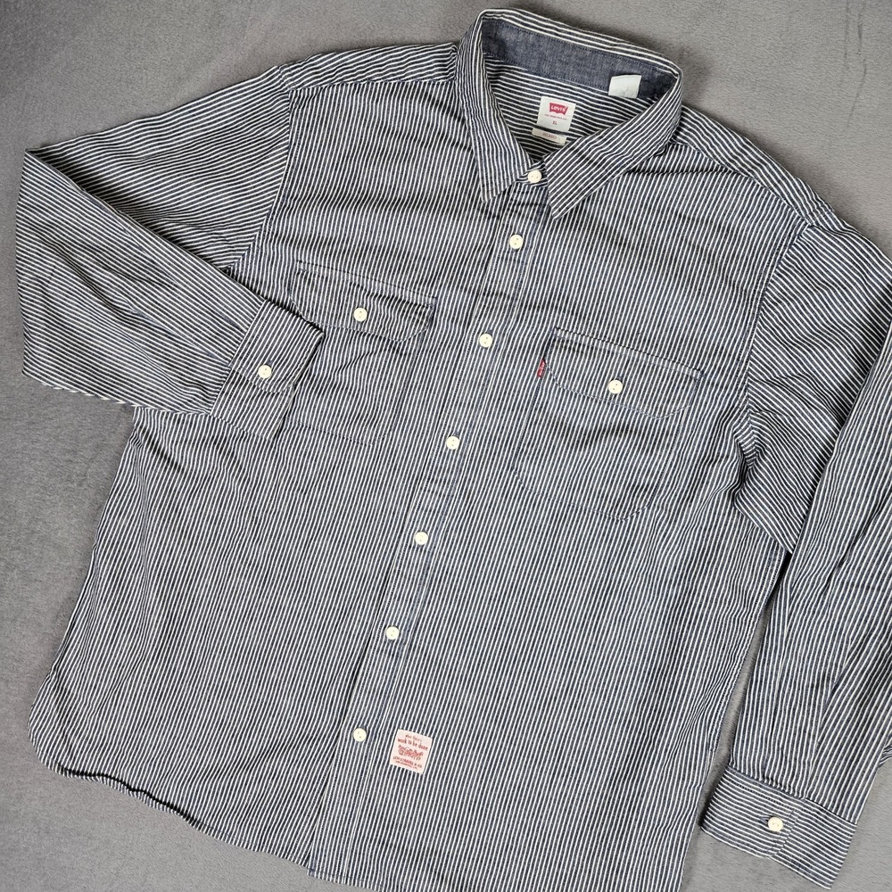 Levi's Denim Shirt Mens XL Classic Relaxed Fit L/S Blue White Hickory Workwear